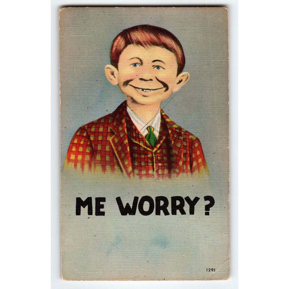 Alfred E. Neuman Vintage Linen Postcard 1953 Me Worry? Comic Character